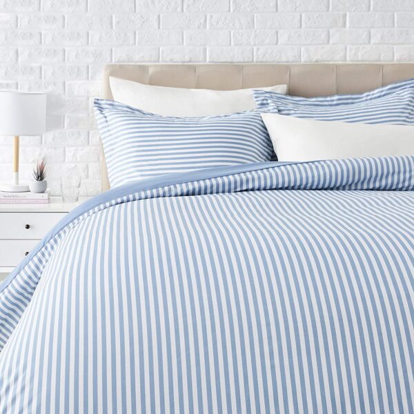 Basics Light-Weight Microfiber Duvet Cover Set with Zipper Closure - Full/Queen, Dusty Blue Pinstripe