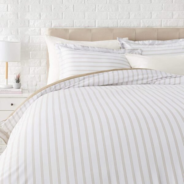 Basics Light-Weight Microfiber Duvet Cover Set with Zipper Closure - Full/Queen, Taupe Stripe