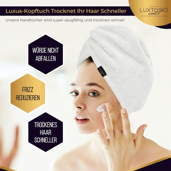 LUXTOGO Hair Turban - 100% Cotton - Premium Quality Hair Towel with Button and Elastic - Quick Drying Head Towel Turban - Super Absorbent Hair Towel Turban... – Bild 6