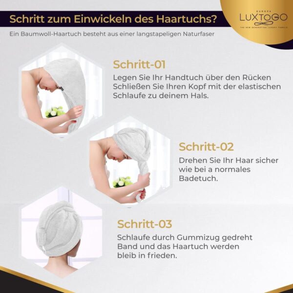 LUXTOGO Hair Turban - 100% Cotton - Premium Quality Hair Towel with Button and Elastic - Quick Drying Head Towel Turban - Super Absorbent Hair Towel Turban... – Bild 5