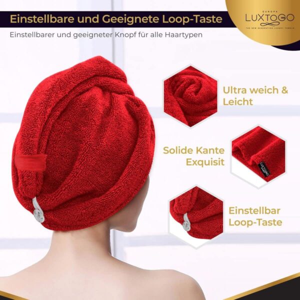 LUXTOGO Hair Turban - 100% Cotton - Premium Quality Hair Towel with Button and Elastic - Quick Drying Head Towel Turban - Super Absorbent Hair Towel Turban... – Bild 2