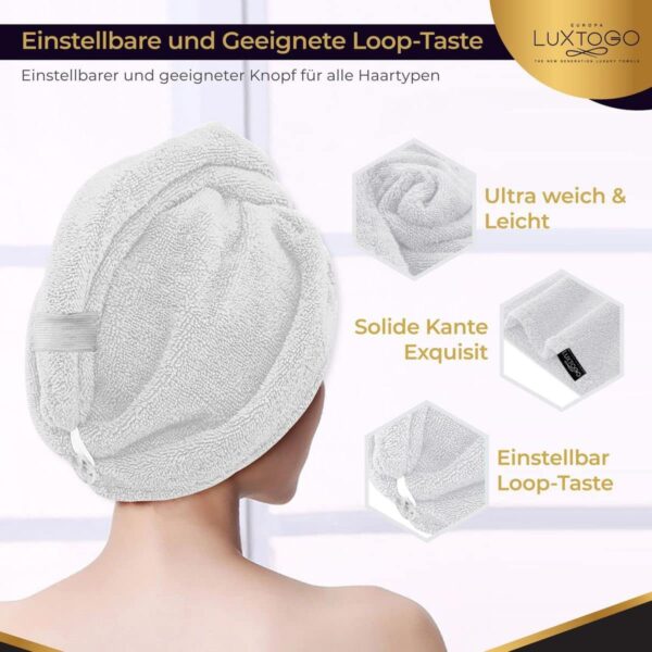 LUXTOGO Hair Turban - 100% Cotton - Premium Quality Hair Towel with Button and Elastic - Quick Drying Head Towel Turban - Super Absorbent Hair Towel Turban... – Bild 4
