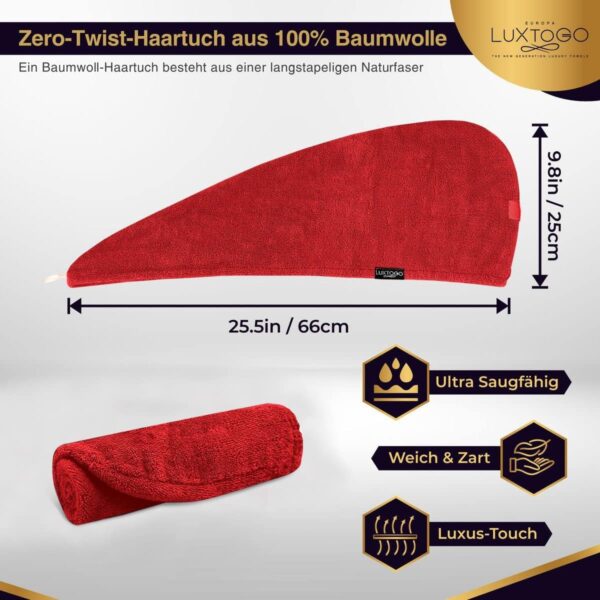 LUXTOGO Hair Turban - 100% Cotton - Premium Quality Hair Towel with Button and Elastic - Quick Drying Head Towel Turban - Super Absorbent Hair Towel Turban... – Bild 5