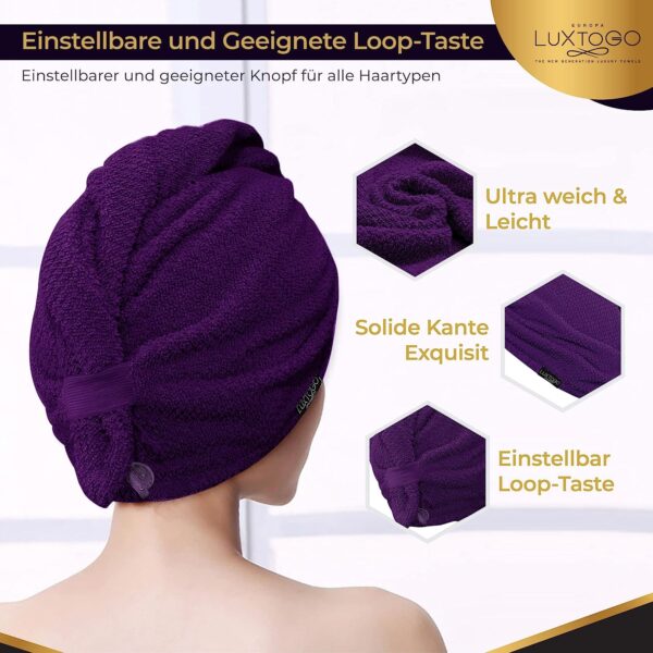 LUXTOGO Hair Turban - 100% Cotton - Premium Quality Hair Towel with Button and Elastic - Quick Drying Head Towel Turban - Super Absorbent Hair Towel Turban... – Bild 3
