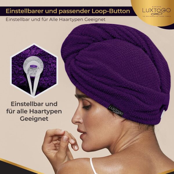 LUXTOGO Hair Turban - 100% Cotton - Premium Quality Hair Towel with Button and Elastic - Quick Drying Head Towel Turban - Super Absorbent Hair Towel Turban... – Bild 5