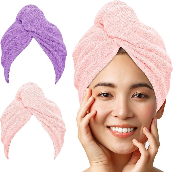 LUXTOGO Hair Turban - 100% Cotton - Premium Quality Hair Towel with Button and Elastic - Quick Drying Head Towel Turban - Super Absorbent Hair Towel Turban without Microfibre (2 Pieces Purple + Pink Check)
