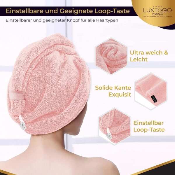 LUXTOGO Hair Turban - 100% Cotton - Premium Quality Hair Towel with Button and Elastic - Quick Drying Head Towel Turban - Super Absorbent Hair Towel Turban... – Bild 5