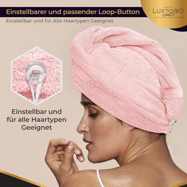 LUXTOGO Hair Turban - 100% Cotton - Premium Quality Hair Towel with Button and Elastic - Quick Drying Head Towel Turban - Super Absorbent Hair Towel Turban... – Bild 2