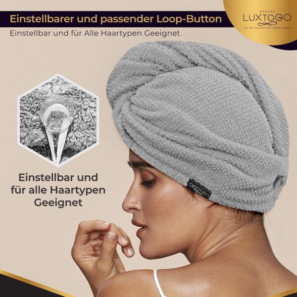 LUXTOGO Hair Turban - 100% Cotton - Premium Quality Hair Towel with Button and Elastic - Quick Drying Head Towel Turban - Super Absorbent Hair Towel Turban... – Bild 4