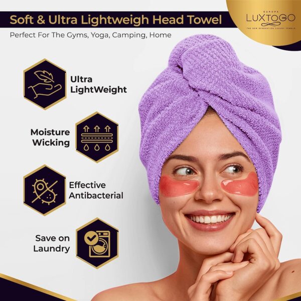 LUXTOGO Hair Turban - 100% Cotton - Premium Quality Hair Towel with Button and Elastic - Quick Drying Head Towel Turban - Super Absorbent Hair Towel Turban without Microfibre (2 Pieces Purple + Pink Check) – Bild 5