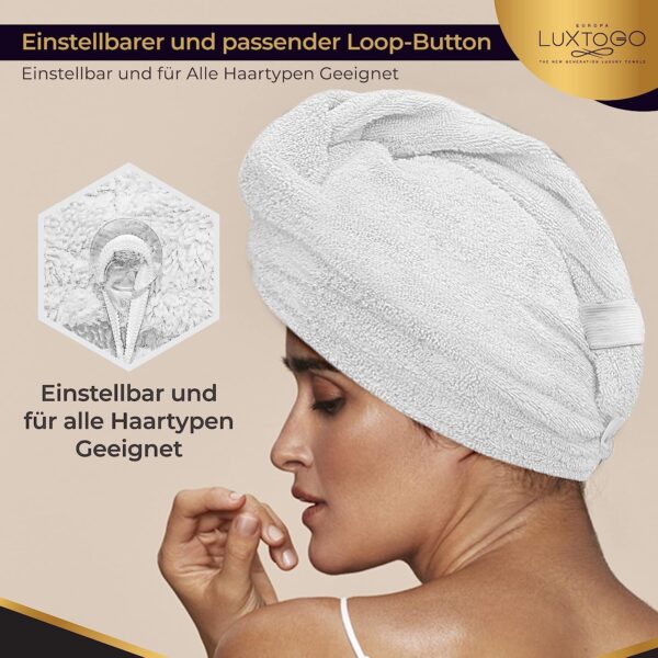 LUXTOGO Hair Turban - 100% Cotton - Premium Quality Hair Towel with Button and Elastic - Quick Drying Head Towel Turban - Super Absorbent Hair Towel Turban... – Bild 7