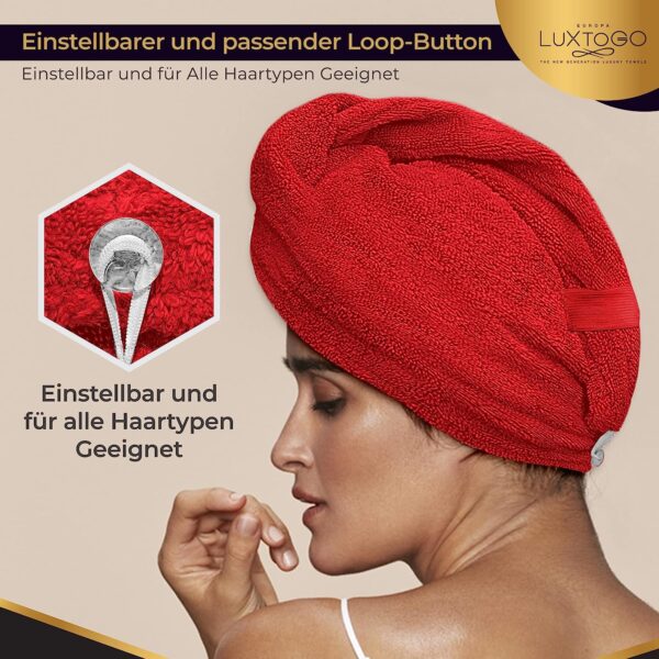 LUXTOGO Hair Turban - 100% Cotton - Premium Quality Hair Towel with Button and Elastic - Quick Drying Head Towel Turban - Super Absorbent Hair Towel Turban... – Bild 4