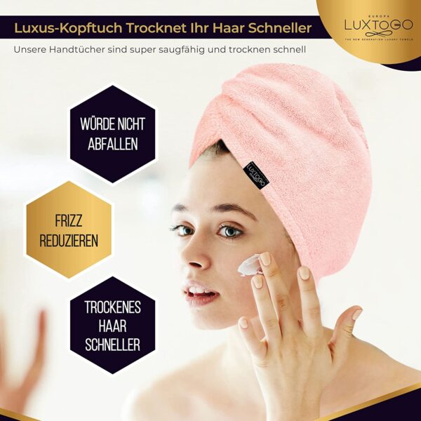 LUXTOGO Hair Turban - 100% Cotton - Premium Quality Hair Towel with Button and Elastic - Quick Drying Head Towel Turban - Super Absorbent Hair Towel Turban... – Bild 3