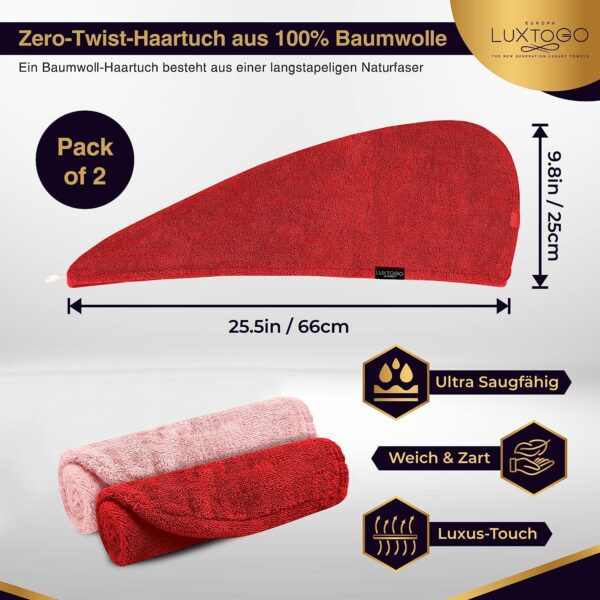 LUXTOGO Hair Turban - 100% Cotton - Premium Quality Hair Towel with Button and Elastic - Quick Drying Head Towel Turban - Super Absorbent Hair Towel Turban... – Bild 2
