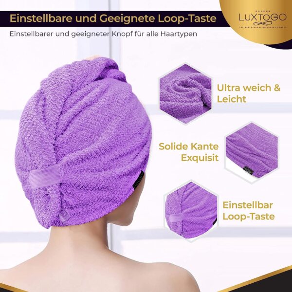 LUXTOGO Hair Turban - 100% Cotton - Premium Quality Hair Towel with Button and Elastic - Quick Drying Head Towel Turban - Super Absorbent Hair Towel Turban without Microfibre (2 Pieces Purple + Pink Check) – Bild 2