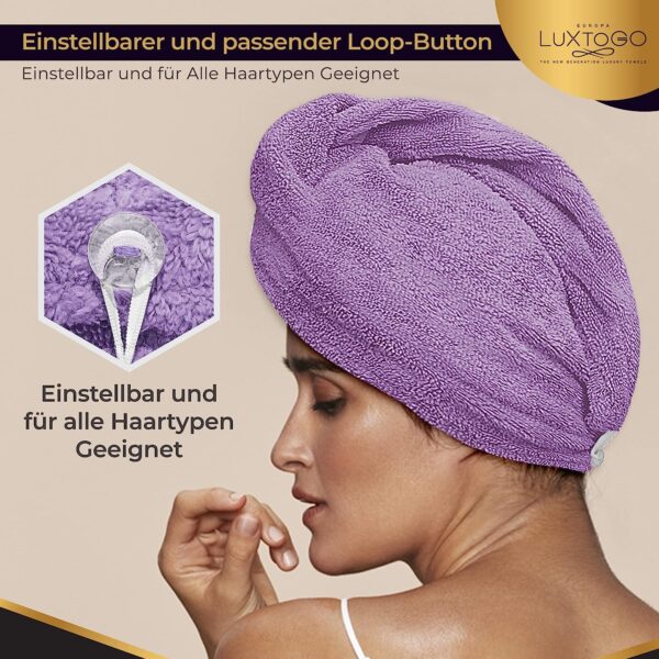 LUXTOGO Hair Turban - 100% Cotton - Premium Quality Hair Towel with Button and Elastic - Quick Drying Head Towel Turban - Super Absorbent Hair Towel Turban without Microfibre (2 Pieces Purple + Pink Check) – Bild 3